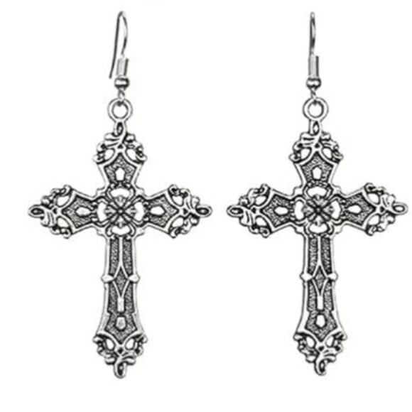 NEW Cross Crucifix fish hook Silver Metal Dangling Earrings - Picture 1 of 4